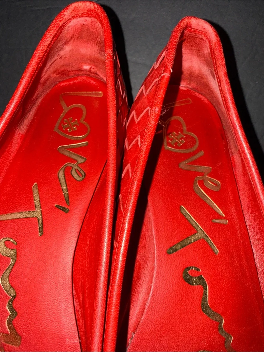 TORY BURCH  Red Woven Leather Ballet Flats 7.5 CORQUETTE Whimsical Workwear
